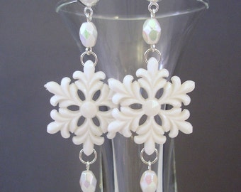 Snowflake Earrings - Dangle Earrings - White Earrings - Sterling Silver Earrings - Beaded Earrings - Aurora Borealis Earrings - Crystals