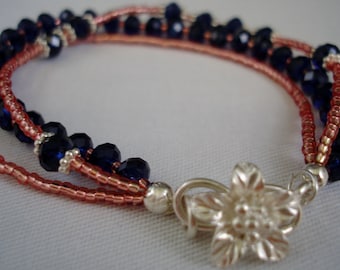 Midnight Blue - Multistrand Bracelet - Pink and Blue Bracelet - Crystal Bracelet - Seed Bead Bracelet - Pink Bracelet - Blue Bracelet