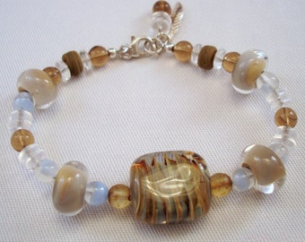 Lampwork Glass Bead Bracelet: Sterling Silver Clasp, Beach Colors
