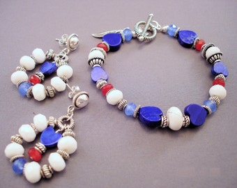 Lapis Heart Bracelet and Earrings Set: Sterling Silver Red White Blue Jewelry