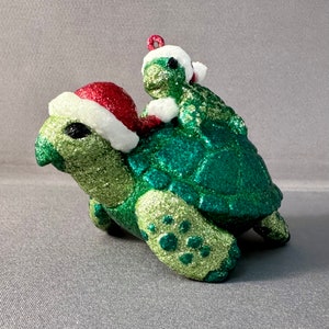 Glitter Turtle Ornament: Holiday Decor with Santa Hats