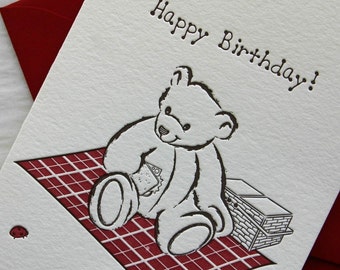 Teddy Birthday Letterpress CARD (picnic)