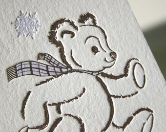 Letterpress Holiday Card- Teddy's Slee Ride - set van 6