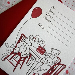 Letterpress Birthday Invitations Teddy set of 10 image 2