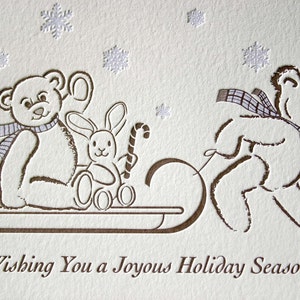 Letterpress Holiday Card Teddy's Sleigh Ride set of 6 image 3