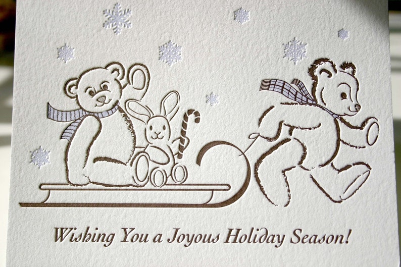 Letterpress Holiday Card Teddy's Sleigh Ride set of 6 image 3