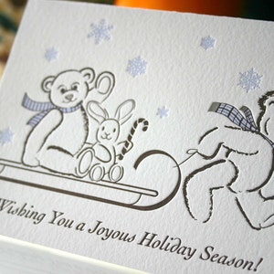 Letterpress Holiday Card Teddy's Sleigh Ride set of 6 image 2