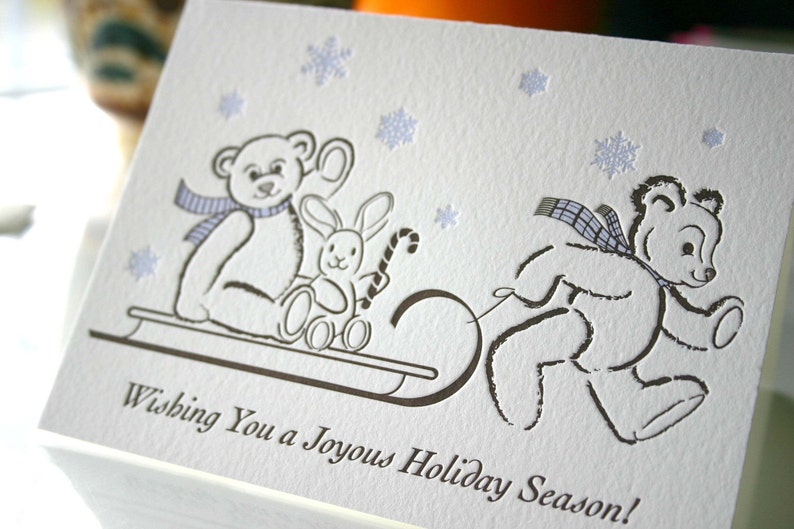 Letterpress Holiday Card Teddy's Sleigh Ride set of 6 image 2