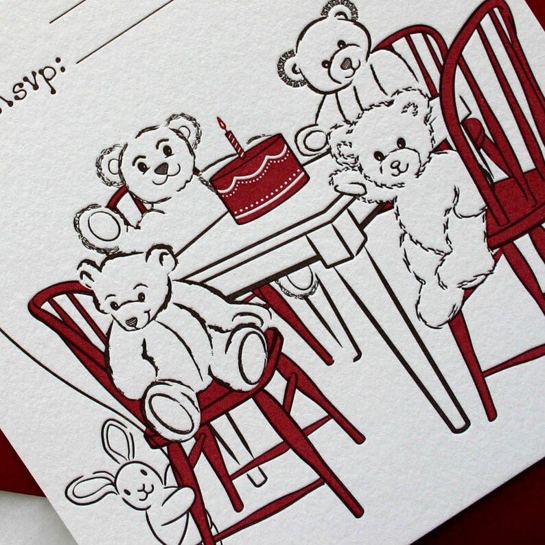 Letterpress Birthday Invitations Teddy set of 10 image 3