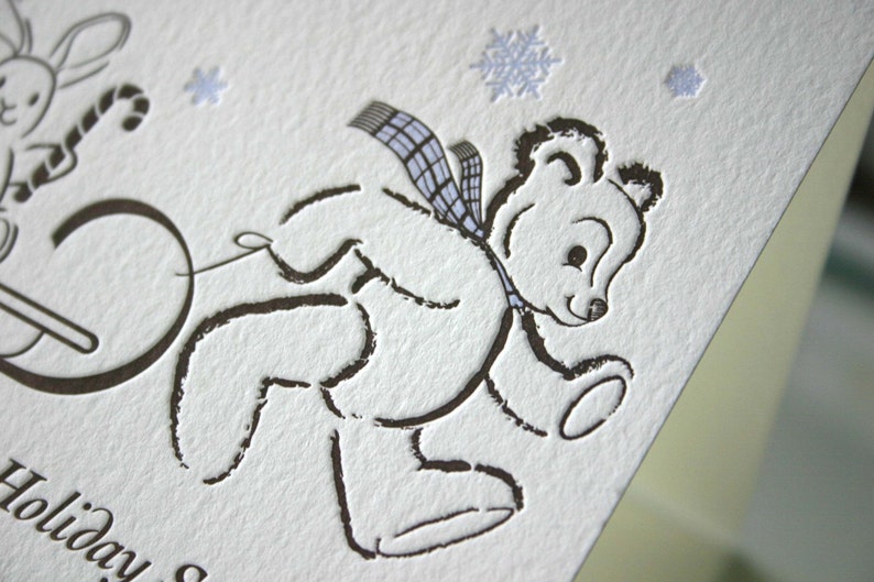 Letterpress Holiday Card Teddy's Sleigh Ride set of 6 image 4