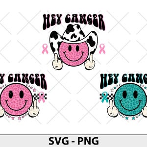 Hey Cancer Groovy Smiley Gesicht SVG PNG, Brustkrebs SVG, Pink Awareness Ribbon svg, Brustkrebs Bewusstsein dafür svg, F Cancer Png, pinkes Lächeln