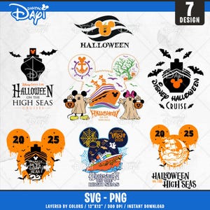 以下が含まれることがあります： ミッキーマウスの耳、クルーズ船、コウモリ、そして「Halloween on the High Seas」のテキストを特徴とするハロウィーンをテーマにしたデザインのコレクション。 SVGおよびPNG形式で、レイヤーカラーとインスタントダウンロードが可能です。