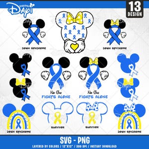 Könnte beinhalten: Ein Set mit 13 digitalen Designs, die Mickey-Maus-Ohren mit verschiedenen blauen und gelben Bändern und Text zeigen. Die Designs beinhalten "Down Syndrome", "No One Fights Alone" und "Survivor".