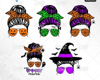 Halloween Mom Messy Bun SVG PNG Bundle: Spooky Mama, Witch (Digital Download)