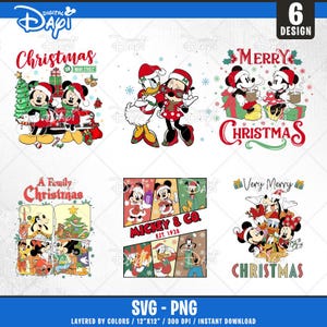 May include: Six digital designs featuring Mickey Mouse and friends celebrating Christmas. The designs include Mickey and Minnie Mouse, Donald Duck and Daisy Duck, Goofy and Pluto, and Mickey Mouse and friends in a comic book style. The designs are layered by colors and are available in SVG and PNG formats.