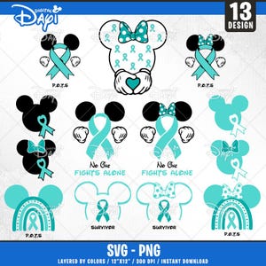 Puede incluir: Un conjunto de 13 diseños digitales que presentan orejas de Mickey Mouse con diseños de cintas de color verde azulado y blanco. Los diseños incluyen variaciones con un arcoíris, las palabras "No One Fights Alone" y la palabra "Survivor".