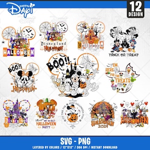 以下が含まれることがあります： ミッキーマウスとその仲間たちが様々なハロウィンテーマで登場する、12種類のデジタルデザイン。デザインには、ミイラ姿のミッキーマウス、カボチャを持ったミッキーマウス、城とコウモリのミッキーマウス、トリックオアトリートの袋を持ったミッキーマウスなどがあります。デザインは色別に重ねられており、12インチ×12インチです。
