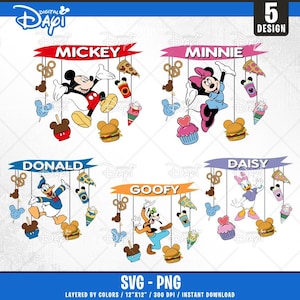 May include: A set of five digital designs featuring Mickey Mouse, Minnie Mouse, Donald Duck, Daisy Duck, and Goofy. Each design includes a banner with the character's name, a hanging string of Mickey Mouse ears, and various Disney-themed food items.