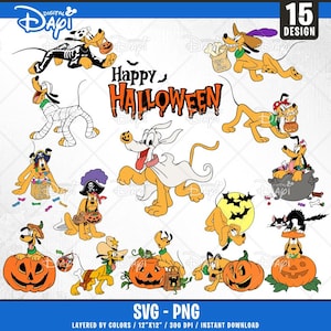 Pluto Halloween Plotterdatei, 15 Designs einfach zu verwenden, Zeichentrickfiguren Clipart, Plotterdatei nach Farben, transparente Png, Cricut schneiden.