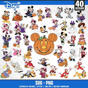 Mouse And Friends Halloween Svg, 40 Designs Easy to use, Cartoon Characters, Layered Svg by colors, Transparent Png, Cut files for Cricut.