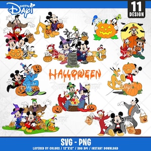 Mouse And Friends Halloween Svg, 11Designs Easy to use, Cartoon Characters, Layered Svg by colors, Transparent Png, Cut files for Cricut.
