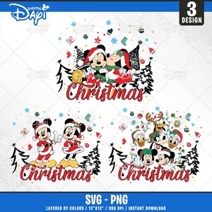 May include: Three digital designs featuring Mickey Mouse and friends celebrating Christmas. The first design shows Mickey and Minnie Mouse kissing in front of a Christmas tree. The second design shows Mickey and Minnie Mouse standing next to each other in front of a Christmas tree. The third design shows Mickey Mouse, Minnie Mouse, Donald Duck, Goofy, and Pluto standing in front of a Christmas tree.