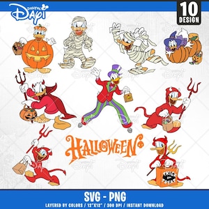 May include: A collection of ten Halloween-themed designs featuring cartoon characters in various costumes. The characters are dressed as a mummy, devil, and other Halloween figures. The word "Halloween" is written in orange script. The bottom of the image includes the text "SVG - PNG".