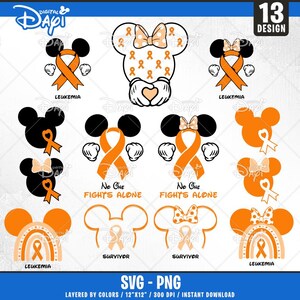 May include: A set of 13 digital designs featuring Mickey Mouse ears with orange ribbons and bows. The designs include variations with the words "No One Fights Alone", "Survivor", and "Leukemia".