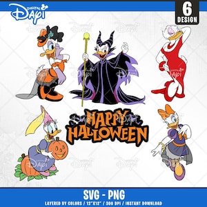 Daisy Duck Halloween Svg, 6 Designs Easy to use, Cartoon Characters Clipart, Layered Svg by colors, Transparent Png, Cut files for Cricut.