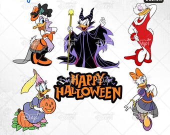 May include: A set of six Halloween-themed digital clipart images featuring Disney characters. The images include Maleficent, Daisy Duck, and a pumpkin. The text "Happy Halloween" is included in the image.