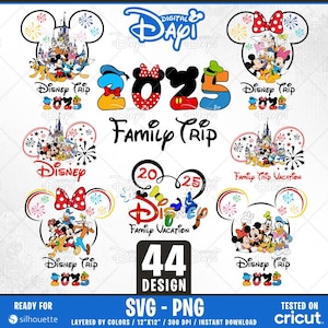 Könnte beinhalten: Ein Set mit 44 digitalen Designs, die Mickey-Maus-Ohren mit verschiedenen Disney-Motiven zeigen. Die Designs beinhalten den Text "Disney Trip 2025", "Family Trip", "Family Trip Vacation" und "Disney".