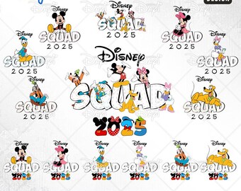 May include: A set of 14 digital designs featuring Disney characters Mickey Mouse, Minnie Mouse, Donald Duck, Goofy, and Pluto. The designs include the text "Disney Squad 2025" in various color combinations and arrangements.