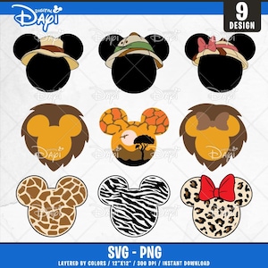 Mouse And Friends Safari Svg Png, 9 Designs Easy to use, Cartoon Characters, Layered Svg by colors, Transparent Png, Cut files for Cricut.