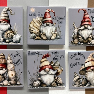 6 piece Gnome Coasters, BEACH GONK GNOME, Ceramic Tile Coasters Set, Inspirational Coaster, Affirmation, Handmade, Housewarming Gift, Witty