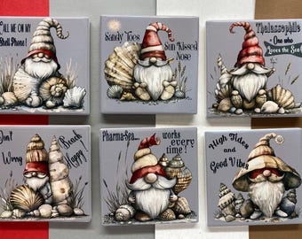 6 piece Gnome Coasters, BEACH GONK GNOME, Ceramic Tile Coasters Set, Inspirational Coaster, Affirmation, Handmade, Housewarming Gift, Witty