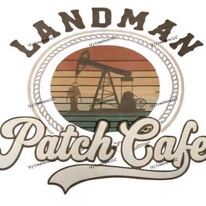 Puede incluir: Un logotipo para Landman Patch Cafe. El diseño presenta las palabras "LANDMAN" y "Patch Cafe" en una fuente estilizada. Una ilustración de un balancín petrolero se establece contra un fondo de puesta de sol, dentro de un marco circular.