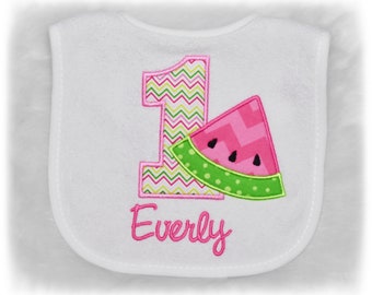 Birthday Watermelon bib, Watermelon first Birthday, one in a melon Birthday bib, embroiderd bib