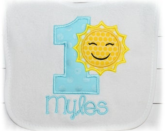 Girl Boy Birthday Sunshine bib, Blue and yellow, You are my sunshine birthday, First Birthday bib, Monogrammed bib, sunshine party