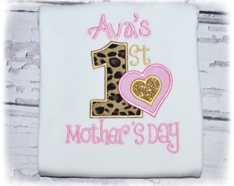 My First Mother's Day bodysuit, Mother’s day outfit, leopard print bodysuit, embroidered, monogramed, pink and gold