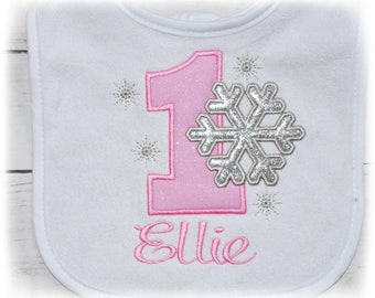 Girl’s Snowflake Birthday Baby Bib, Winter ONEderland bib, snowflake birthday, monogrammed bib, personalized bib, snowflake birthday