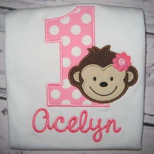 Baby Girl&#39;s Monkey Birthday Bodysuit, Mod Monkey, Monkey shirt, First Birthday, cake smash, Monkey outfit