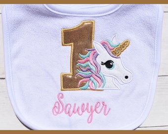 Girl’s  Birthday Unicorn Baby bib, Unicorn birthday, First Birthday bib, Monogrammed bib, cake smash, Unicorn party, pink and gold