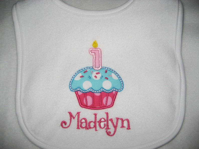 First Birthday bib Baby girl Cupcake Birthday bib pink and aqua bib monogrammed bib cake smash