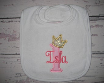 Pink and Gold Princess baby bib, pink and gold bib, monogrammed, personalized bib, cake smash, princess birthday