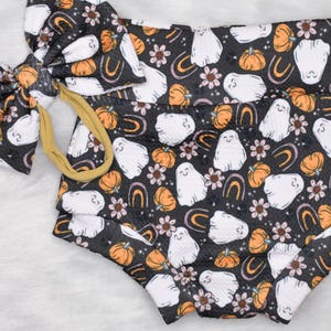 High waisted Fall Halloween Baby girl Bummies, Ghost flower rainbow Bummies, Custom Print Bummies, Halloween hair bow and bummies
