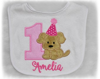 Puppy Birthday Bib, First Birthday Bib, Pink Puppy party, Monogrammed bib, cake smash pictures, Puppy