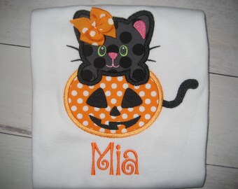 Girl’s Halloween cat shirt, monogrammed pumpkin shirt, fall shirt, halloween cat, fall pumpkin shirt, fall shirt, halloween shirt