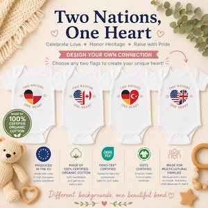 Body personalizzato per neonati "2 Nazioni Un Cuore" / Body personalizzato con bandiere di paesi in cotone biologico / Regalo per famiglie multiculturali / Stampato in UE