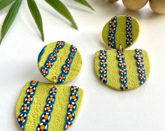 Unique earrings, eclectic jewelry, long dangle clay, clay dangle, chartreuse, green earrings, patterned earrings, ethnic earrings, adinkra