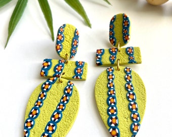 Unique earrings, eclectic jewelry, long dangle clay, clay dangle, chartreuse, green earrings, patterned earrings, ethnic earrings, adinkra